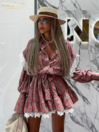 Clacive Vestido holgado con estampado para mujer, elegante vestido de oficina de manga larga con cordones, vestidos casuales con encaje fruncido para mujer
