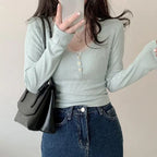 Long Sleeve Slim Lace Button Top