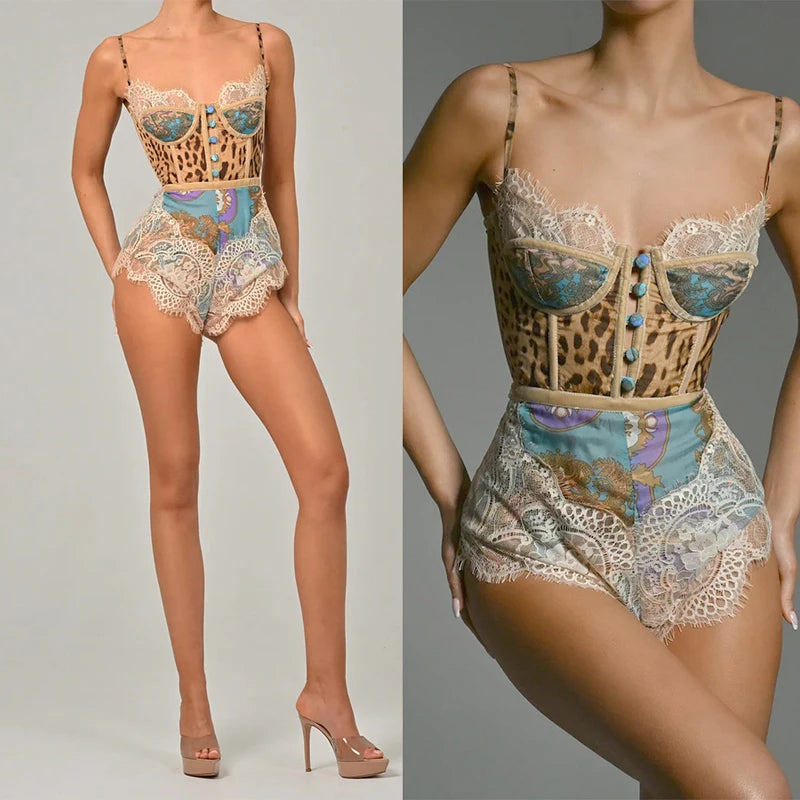 Lace Patchwork Print Romper