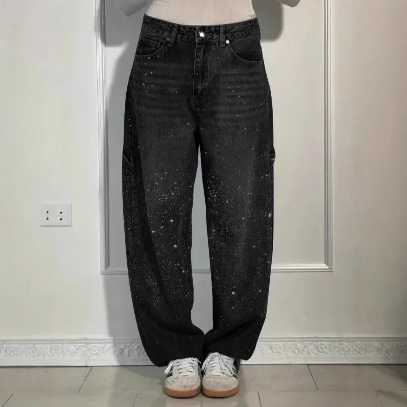 Pantalones vaqueros de mujer con estrellas bordadas y diamantes de imitación, estilo vintage informal de mezclilla con detalles brillantes
