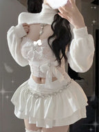 Crop Pullover + Lace Bow Vest + Ruffled Mini Cake Skirt Set