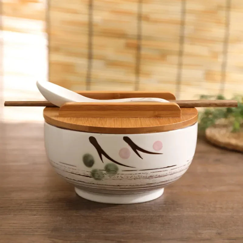 Ceramic Japanese Style Rice Noodle Bowl with Lid Spoon Chopstick