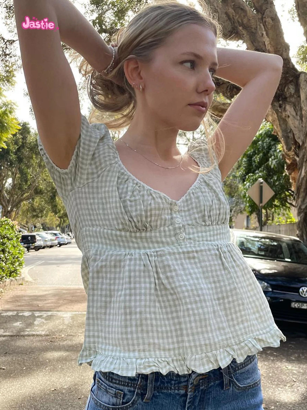 Camiseta Delgada de Cuadros Verdes Vintage para Mujer, Verano, Dulce, con Ribete de Encaje, Manga Corta, Algodón, Tops Casuales Retro Elegantes, Top Corto con Volantes
