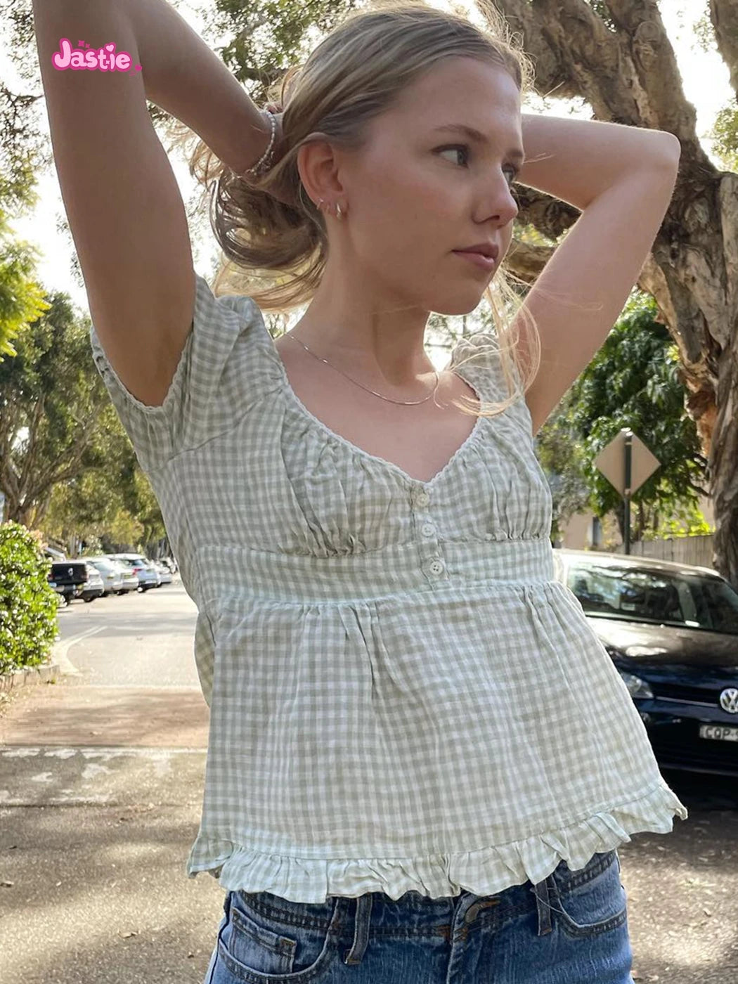 Camiseta Delgada de Cuadros Verdes Vintage para Mujer, Verano, Dulce, con Ribete de Encaje, Manga Corta, Algodón, Tops Casuales Retro Elegantes, Top Corto con Volantes