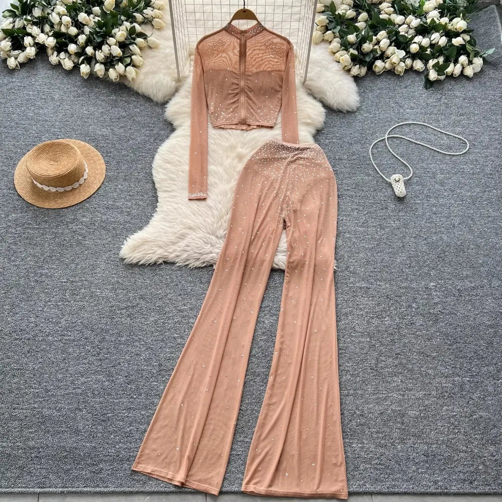 See Through Mesh Rhinestone Long Sleeve Slim Short Top High Waist Wide Leg Pants Sets