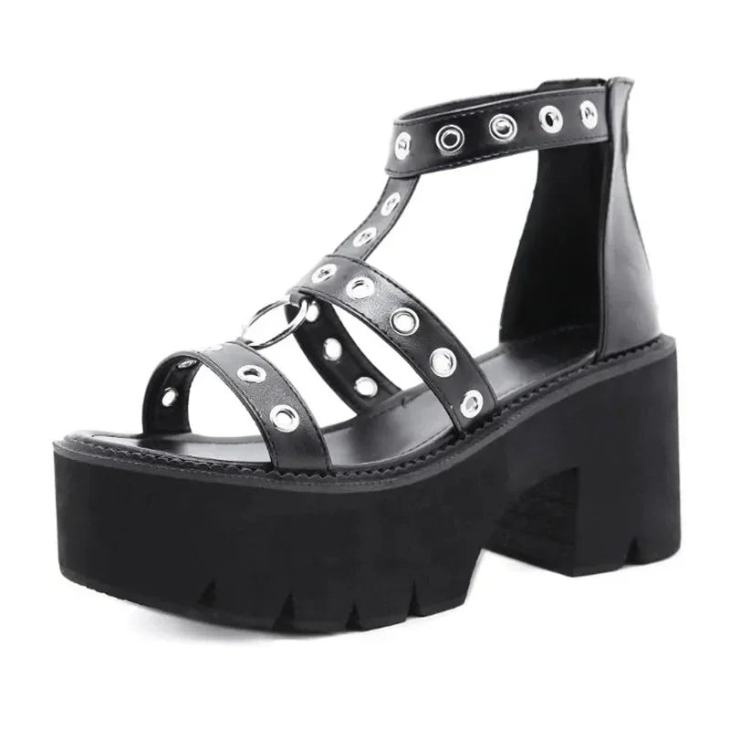 Open Toe Buckle Strappy Rivet Platform Sandals