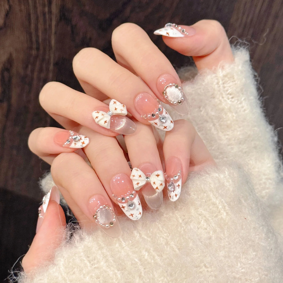 10pcs French Cat Eye Pink Bow Handmade Press on Nails