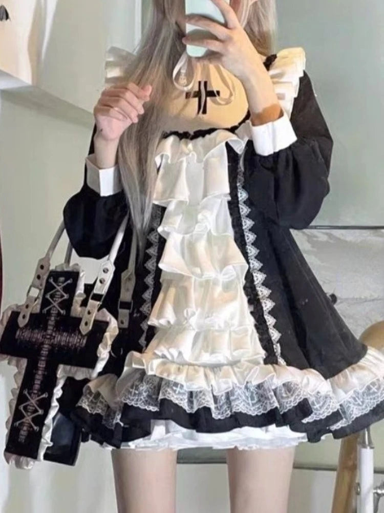 Ruffled Fairy Sweet Long Sleeve Dress Kawaii Lolita Lace Patchwork Dresses Y2k Aesthetic Ball Gown Contrast Color  Robe Women