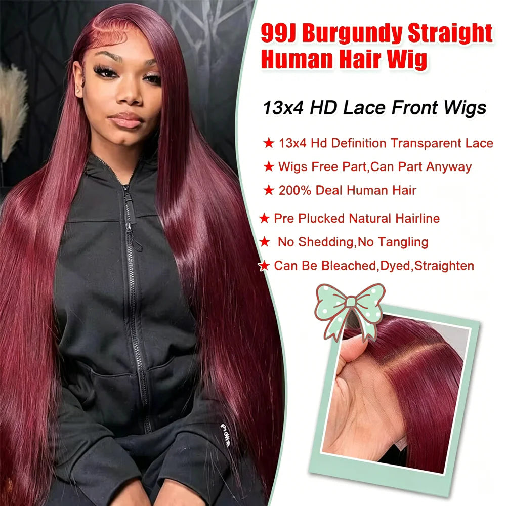 28 Inch 99J Burgundy Bone Straight Human Hair Wig
