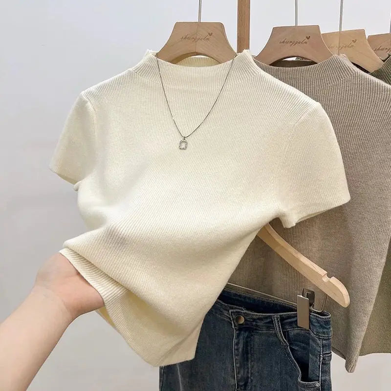 Jersey Básico de Cuello Alto Delgado Sólido Verano 2026 Pulóver Tejido de Manga Corta Ajustado para Mujer