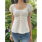 Camiseta Delgada de Cuadros Verdes Vintage para Mujer, Verano, Dulce, con Ribete de Encaje, Manga Corta, Algodón, Tops Casuales Retro Elegantes, Top Corto con Volantes