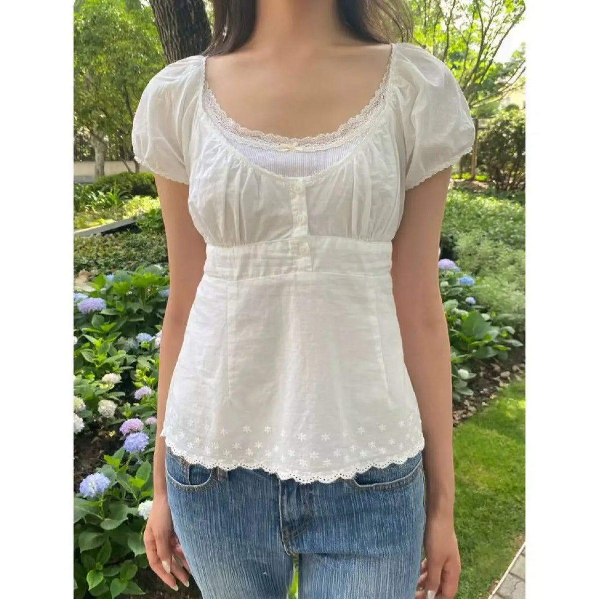 Camiseta Delgada de Cuadros Verdes Vintage para Mujer, Verano, Dulce, con Ribete de Encaje, Manga Corta, Algodón, Tops Casuales Retro Elegantes, Top Corto con Volantes