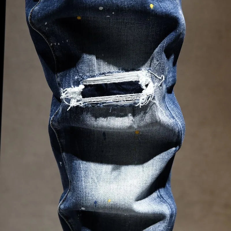 Distressed Slim Straight Elastic Denim Jeans