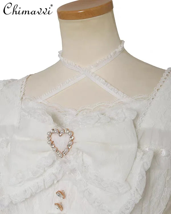Heavy Patchwork Sleeve Tie Lace Bow Shirt
