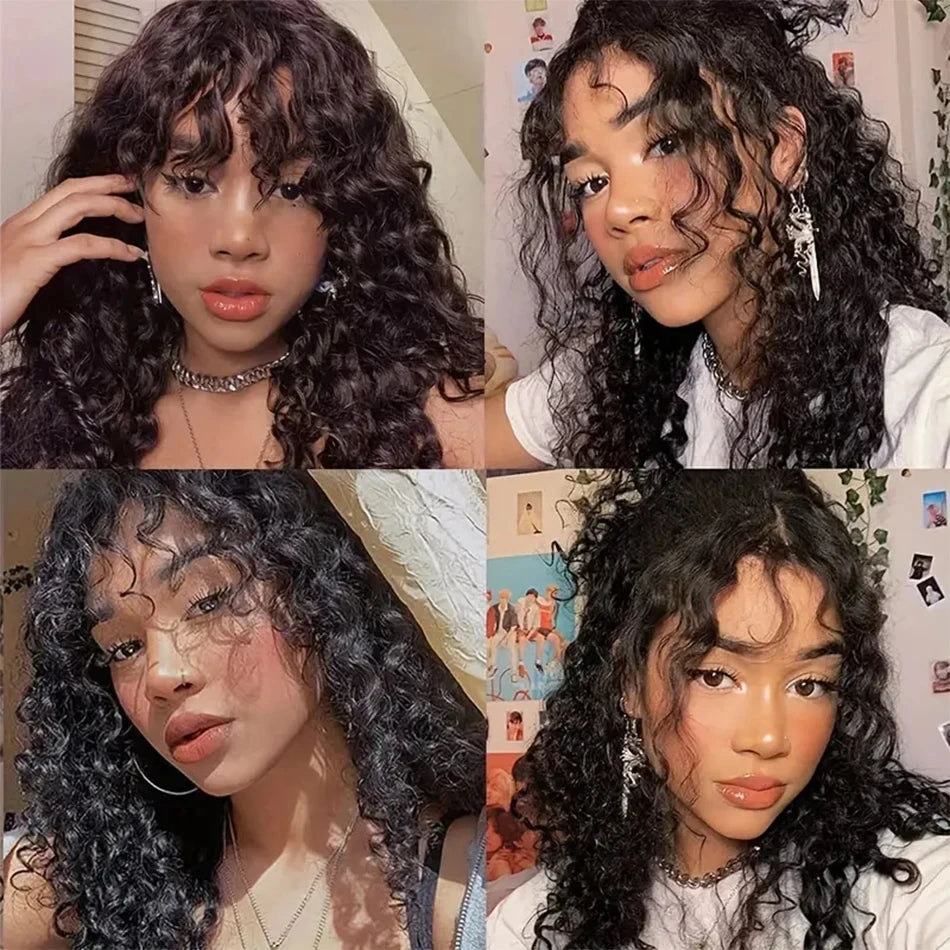Water Wave With Bangs Wig No Lace Wig 250 Density Pre-Plucked Natural Wave Wear Go Glueless Curly Human Hair Wigs For Women