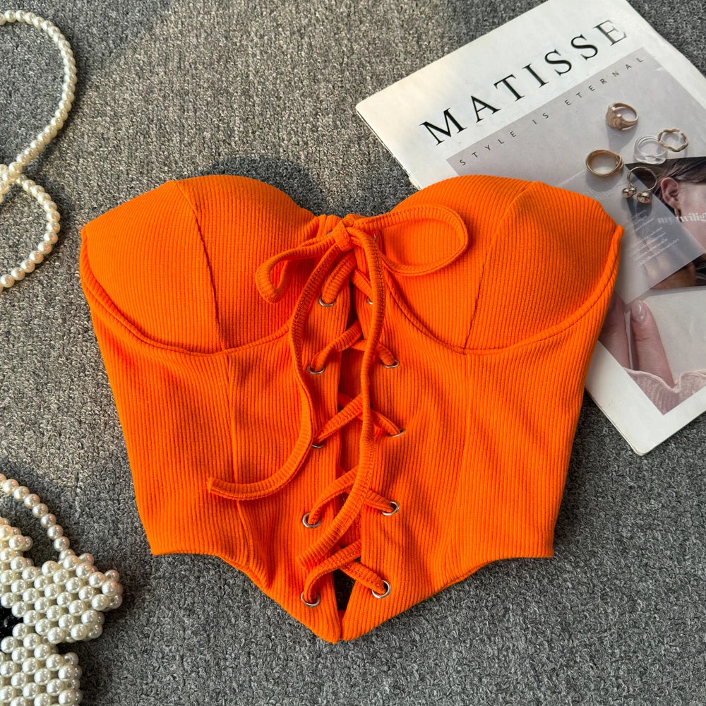 Tops sin espalda para mujer, nueva llegada, cuello tipo slash, sujetador incorporado, ombliguera, con cordones, camisola ajustada, verano, vintage, gallus, dropship