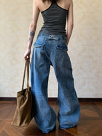 washed button design straight leg loose jeans