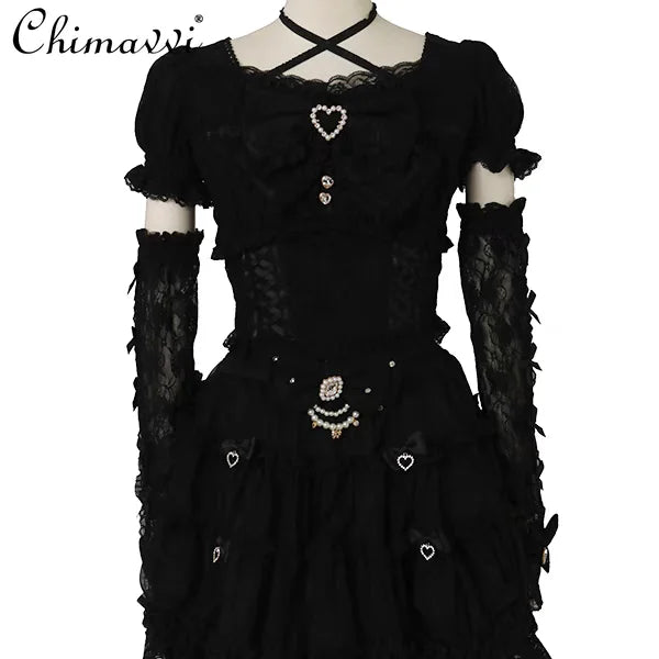Heavy Patchwork Sleeve Tie Lace Bow Shirt