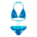 Traje de baño bikini metálico brillante para mujer, fiesta en la piscina, traje de baño, sujetador halter con cordones y bragas con aros, traje de baño bikini