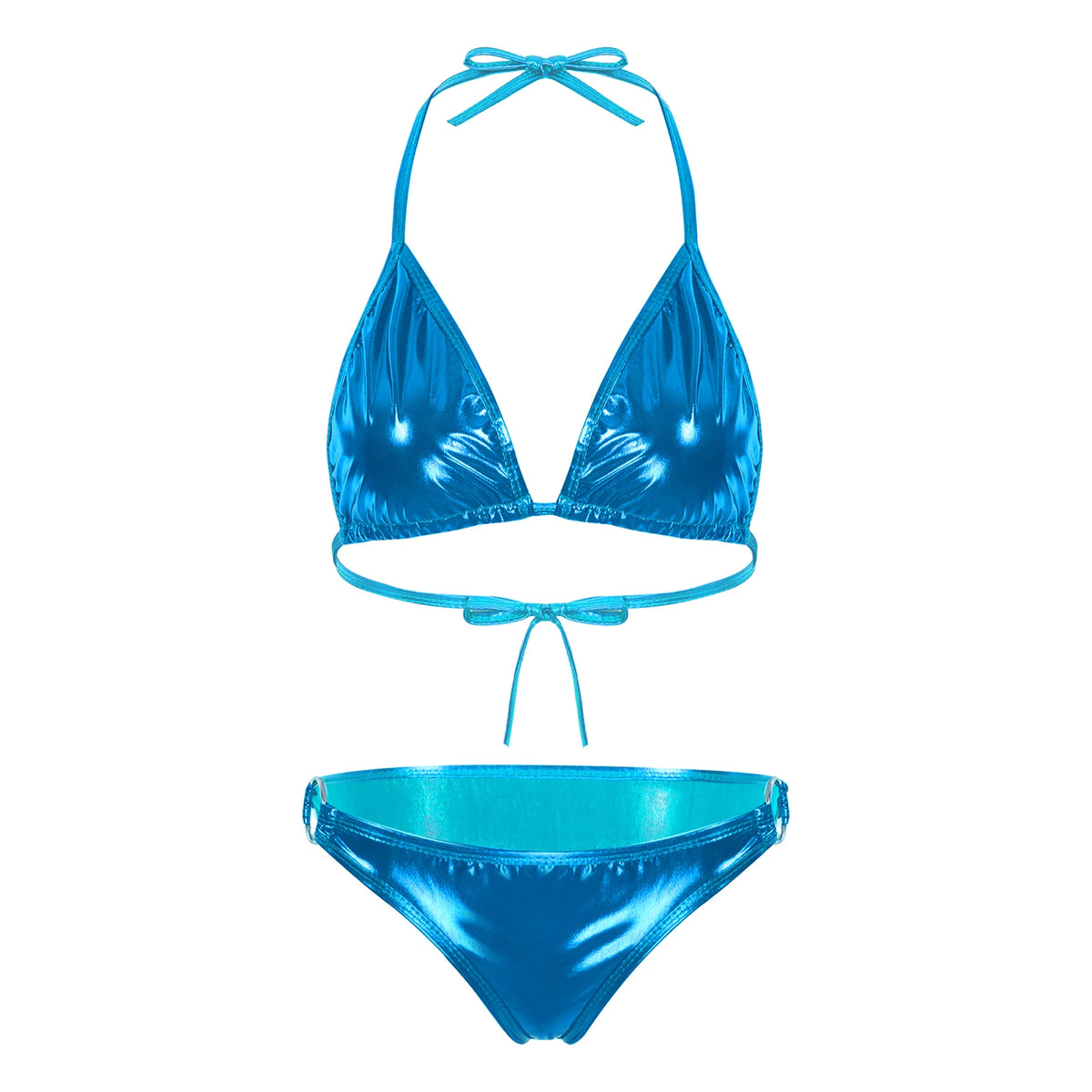 Traje de baño bikini metálico brillante para mujer, fiesta en la piscina, traje de baño, sujetador halter con cordones y bragas con aros, traje de baño bikini