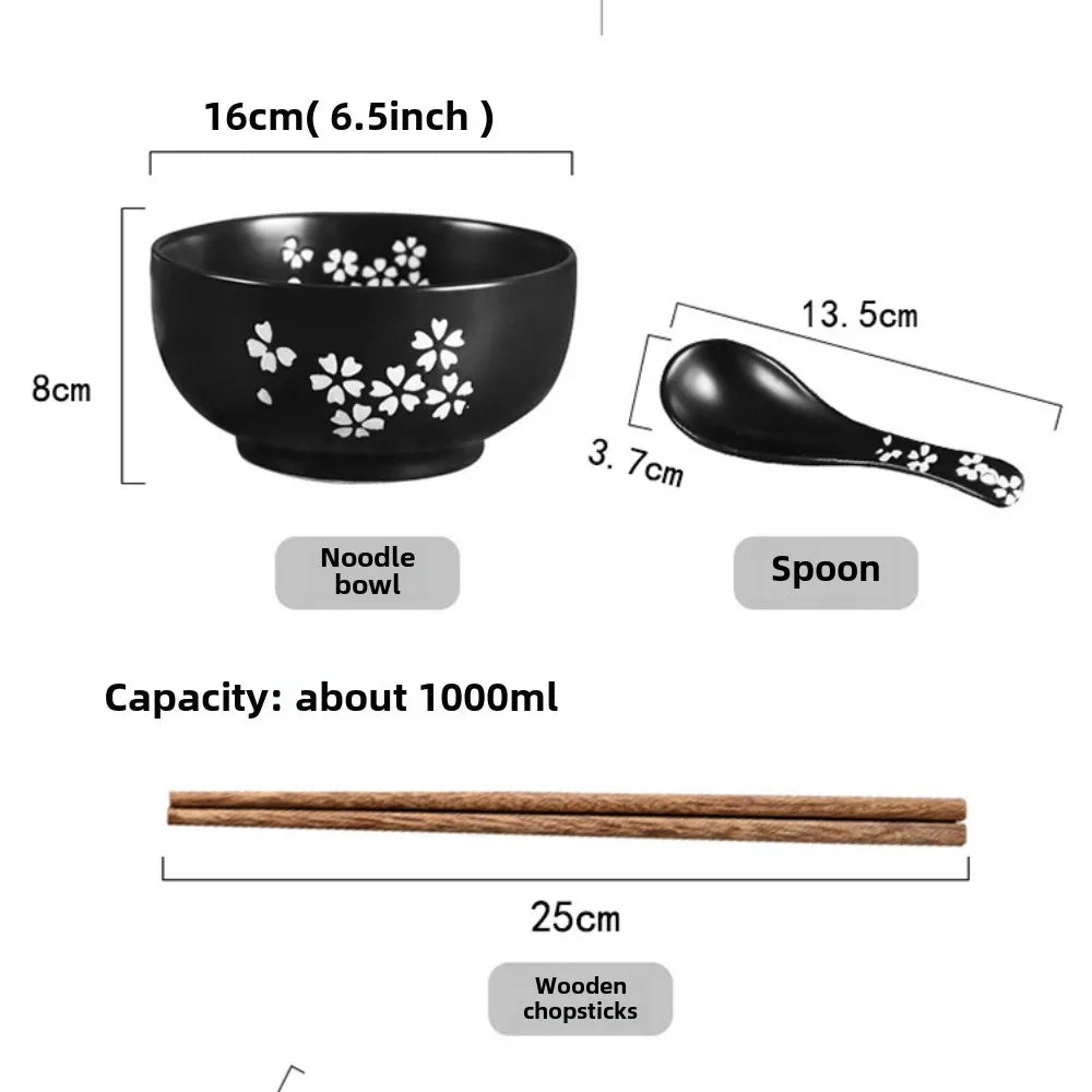 Ceramic Japanese Style Rice Noodle Bowl with Lid Spoon Chopstick