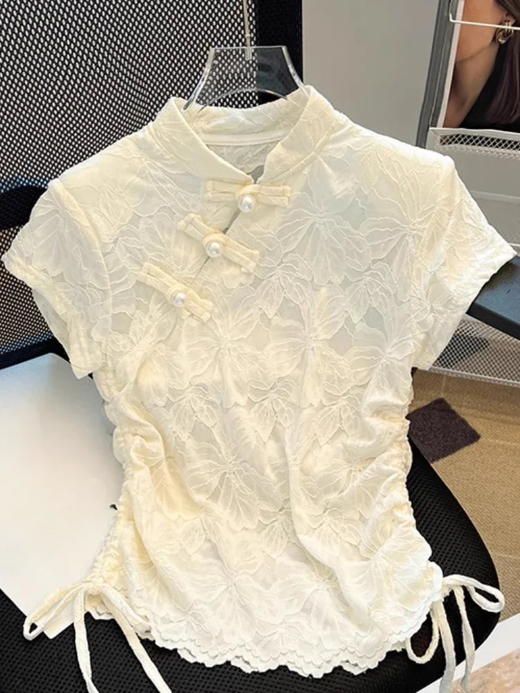 Camisas chinas con cuello alto, manga corta, color liso, cordón, jacquard, tops cortos, ropa de mujer elegante y delgada de verano
