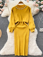 Long Sleeve Pearl Sweater + Knitted Camis Dress Set