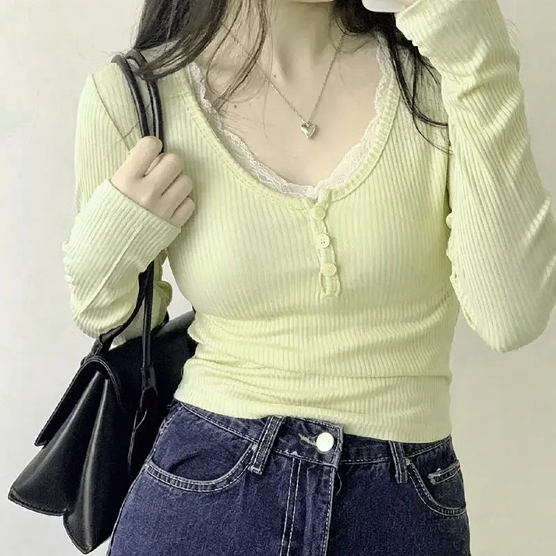 Long Sleeve Slim Lace Button Top