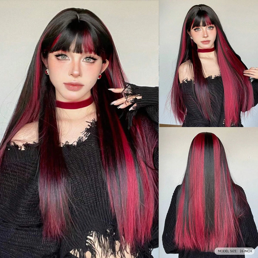 Black And Pink Highlight Synthetic Wigs