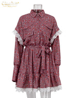 Clacive Vestido holgado con estampado para mujer, elegante vestido de oficina de manga larga con cordones, vestidos casuales con encaje fruncido para mujer