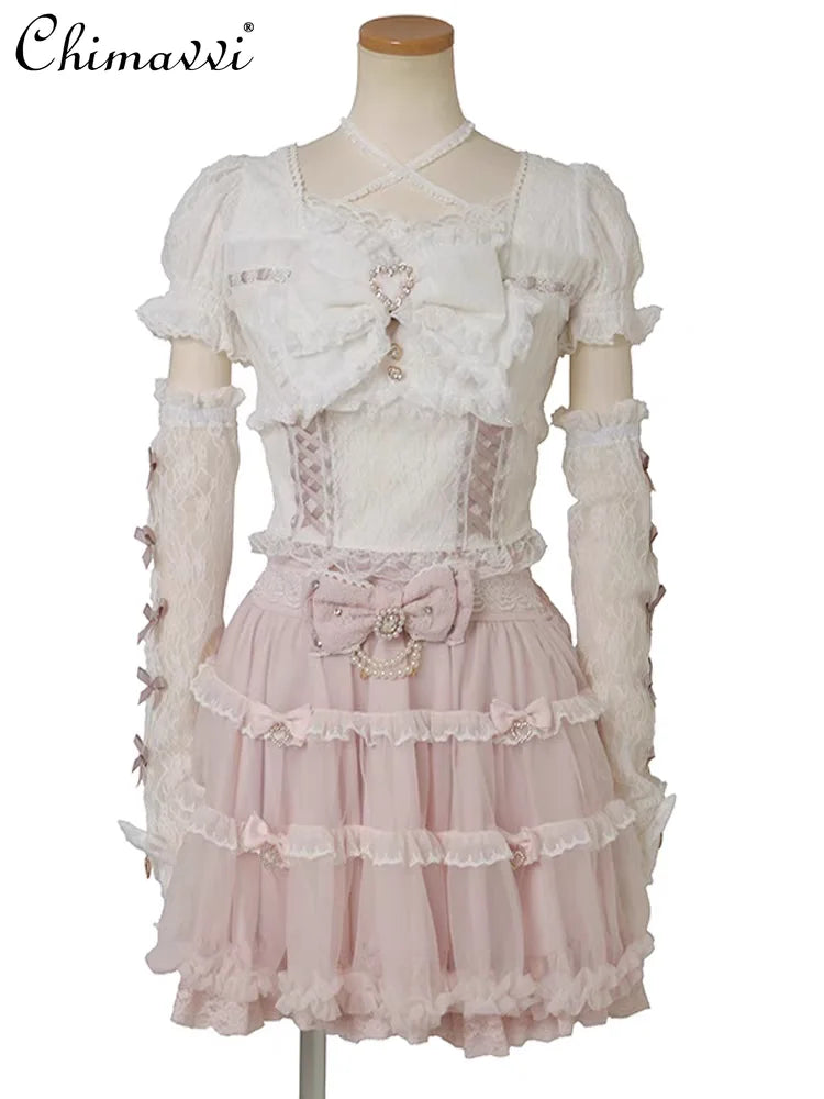 Heavy Patchwork Sleeve Tie Lace Bow Shirt