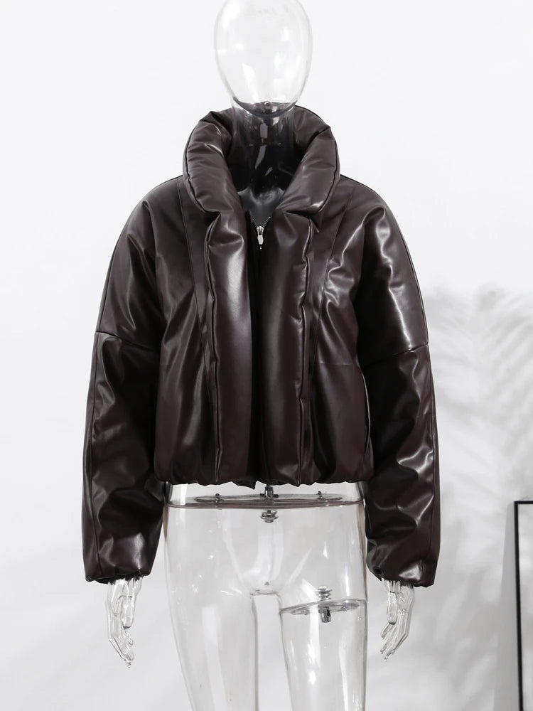 Chaqueta acolchada de piel sintética elegante para mujer, a la moda, con cuello alto, cremallera, corta, de PU, para mujer, otoño-invierno 2025, ropa de abrigo informal