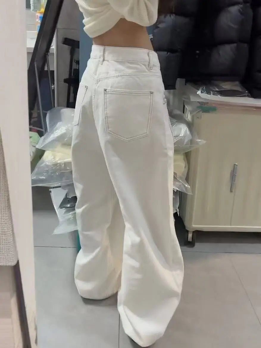 Vaqueros Anchos de Mujer, Pantalones de Mezclilla Blanca Bordados, Ajuste Ancho, Estilo Y2K Japonés Harajuku 2000s Americano Retro Grunge Marea High Street Nuevo
