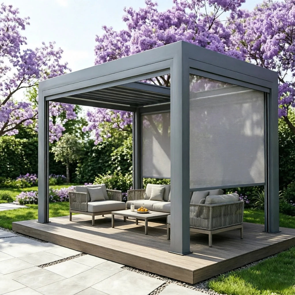Motorized Retractable Outdoor Gazebo with Louvered Roof, Waterproof, Pressure & UV Resistant