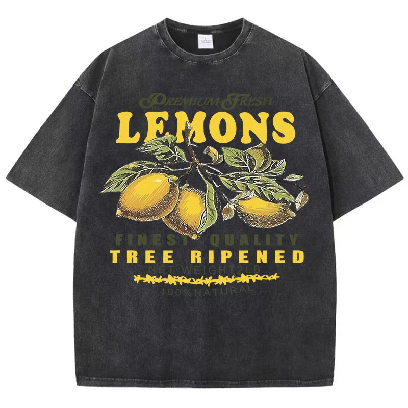 Premium Fresh Lemons Fruit Print Washed T-Shirt