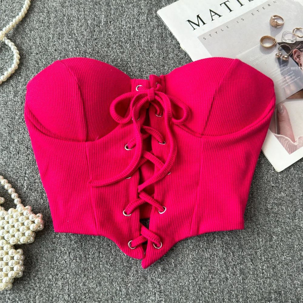 Tops sin espalda para mujer, nueva llegada, cuello tipo slash, sujetador incorporado, ombliguera, con cordones, camisola ajustada, verano, vintage, gallus, dropship
