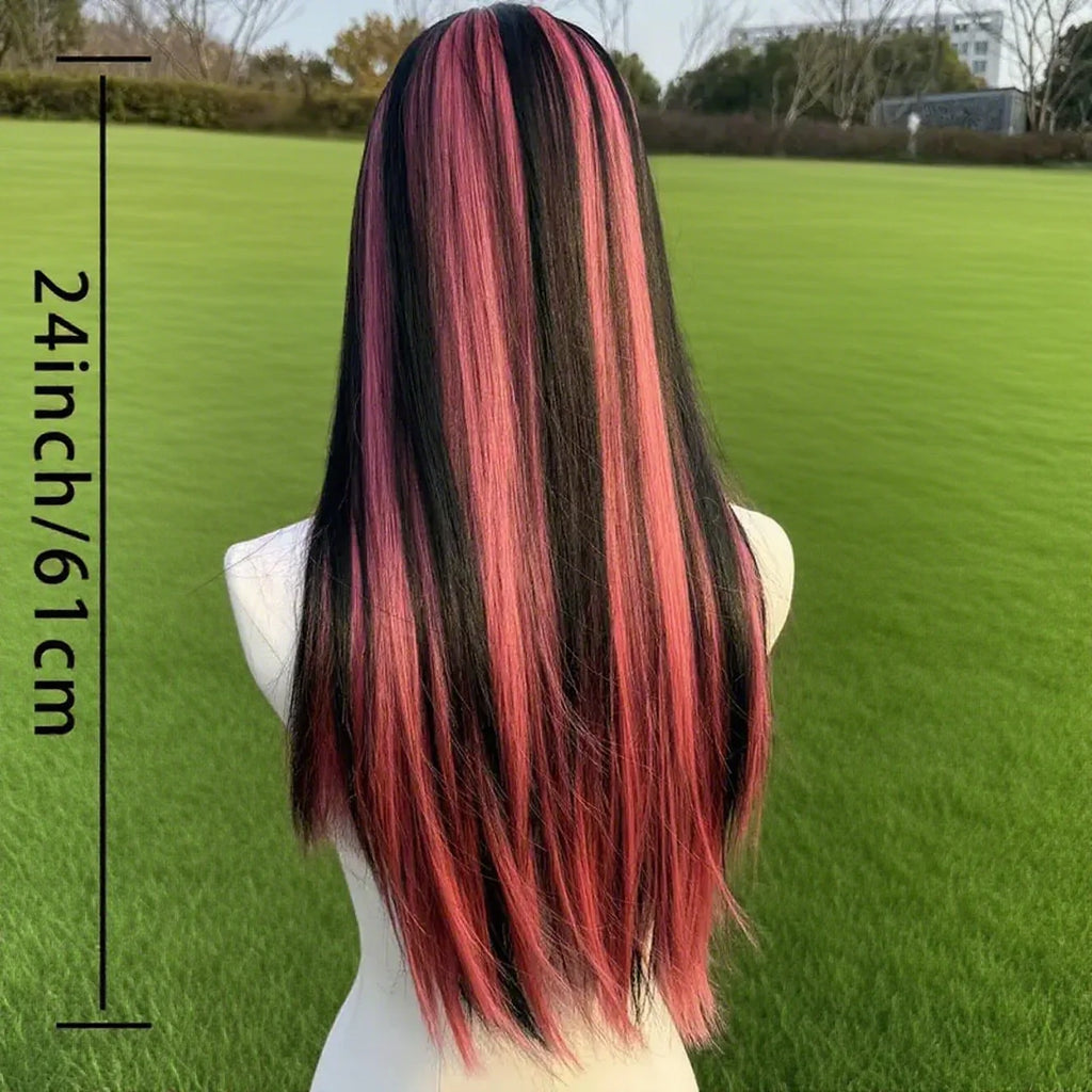 Black And Pink Highlight Synthetic Wigs