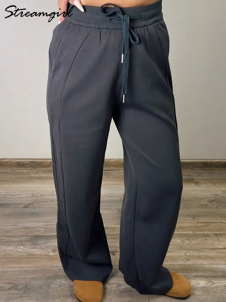 Pantalones de chándal grises para mujer, otoño, cintura alta, joggers, pantalones rectos, pantalones deportivos largos de mujer negros, otoño, pierna ancha