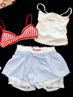 Conjunto de 4 Piezas de Encaje: Top de Tirantes Escote V Elástico Cuadros + Pantalón Corto con Lazo