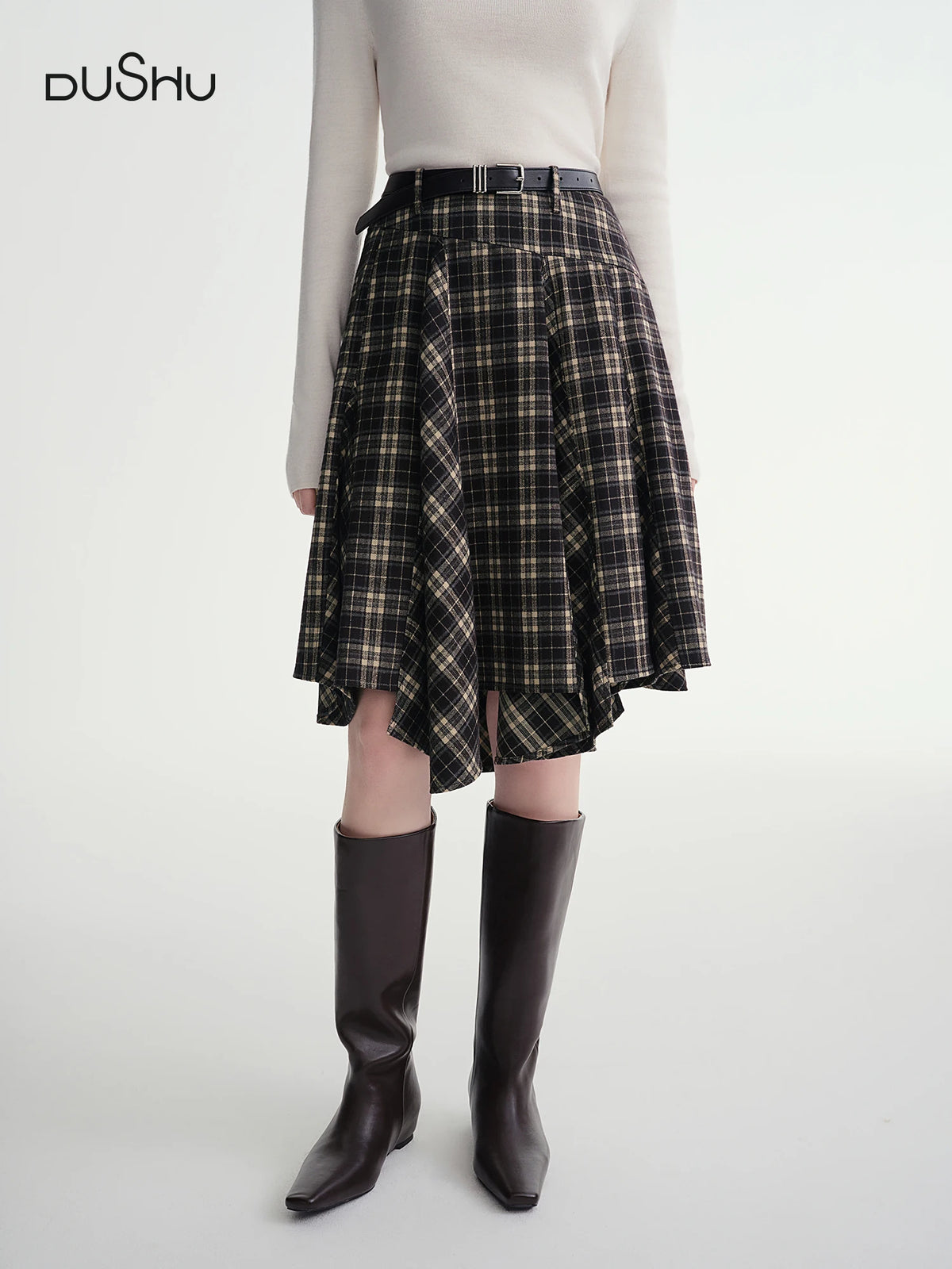 DUSHU Falda irregular línea A 2025 Invierno Falda mujer vintage estilo americano a cuadros ropa de calle casual de largo medio Y2k