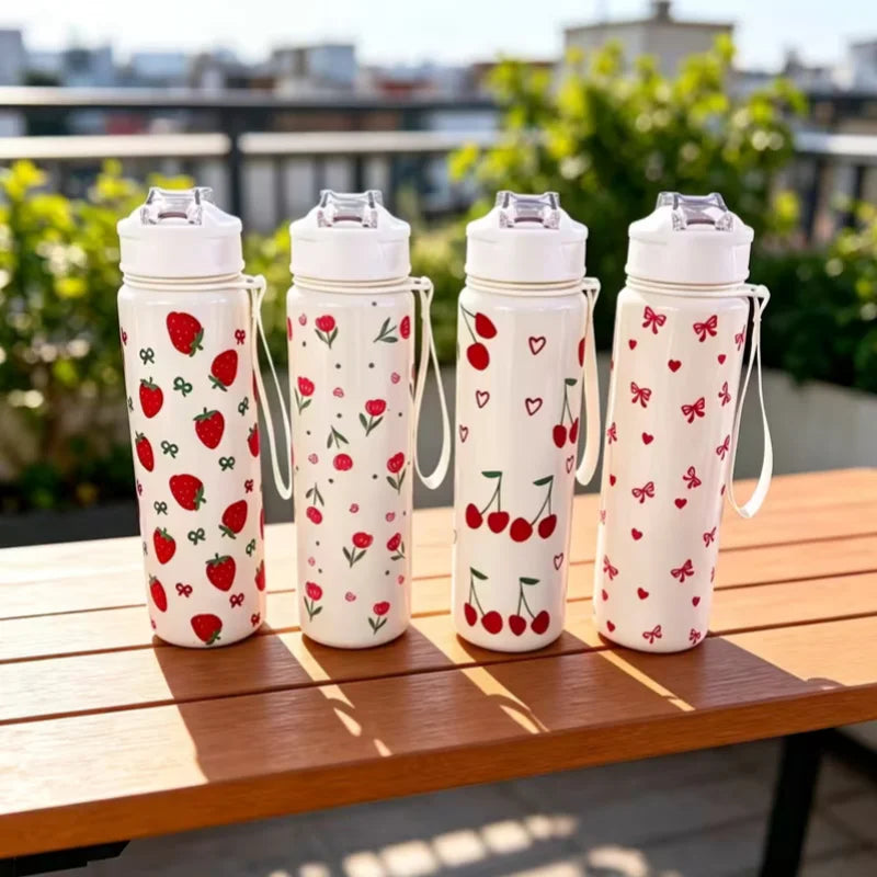 750ML Cute Strawberry Cherry Flower Bowknot Printed Tumbler