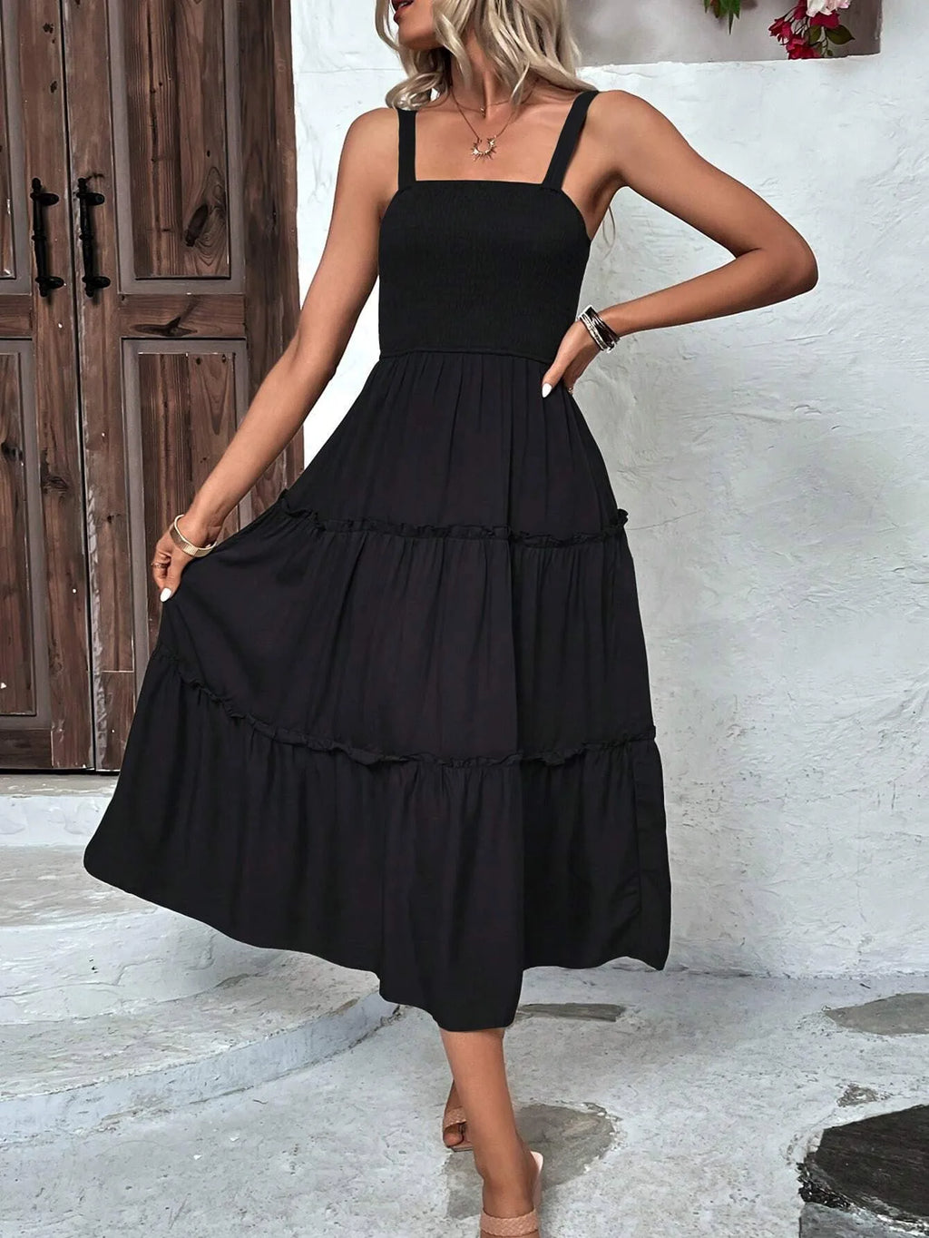 Vestido sin mangas fruncido en el busto y con dobladillo con volantes para mujer - Vestido de tirantes ajustado sexy de verano para fiestas y playa