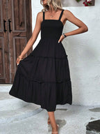 Vestido sin mangas fruncido en el busto y con dobladillo con volantes para mujer - Vestido de tirantes ajustado sexy de verano para fiestas y playa