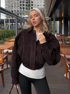 Chaquetas Cortas Sólidas para Mujer Moda Solapa Cremallera Manga Larga Bolsillo Abrigo Corto Otoño 2025 Informal Streetwear para Mujer Nueva Prenda Exterior