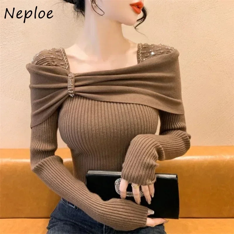Beading Bow Square Collar Sweater