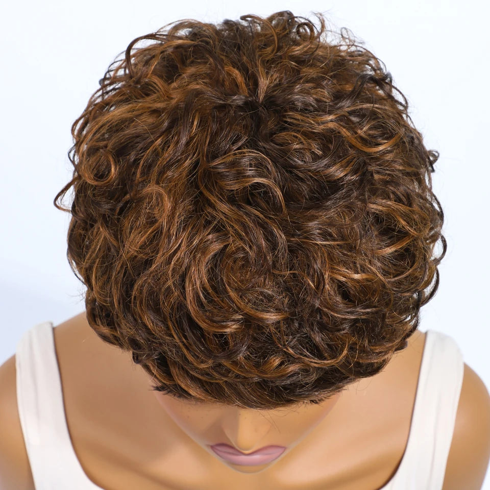 Mixed Brown Short Pixie Cut Curly 100% Human Hair Wig For Women Brazilian Remy Hair Colored Side Part Full Machine Wigs