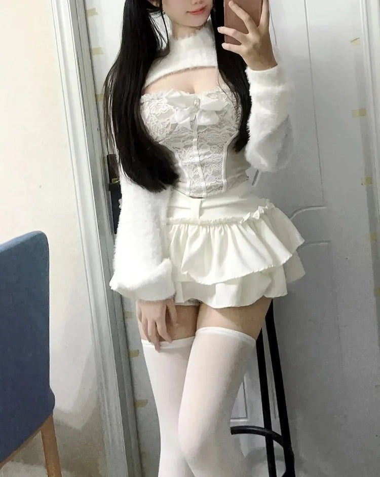Crop Pullover + Lace Bow Vest + Ruffled Mini Cake Skirt Set