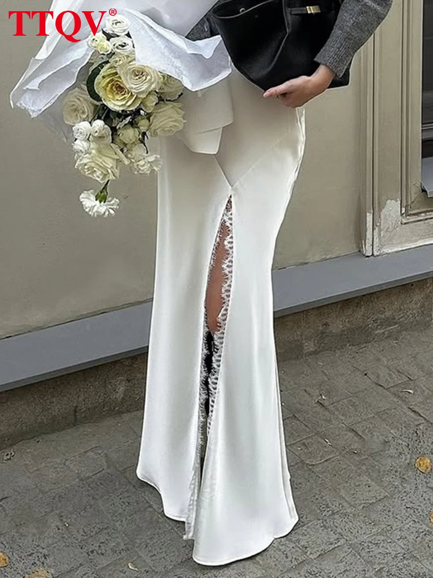 Falda suelta de satén blanco para mujer TTQV Fashion 2026, falda larga sexy de cintura alta, falda clásica elegante con abertura, ropa de mujer