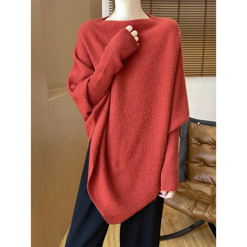 Suéter de Lana Francés para Mujer Manga Larga Color Liso Jersey Cuello Redondo Suelto de Punto Tipo Chal