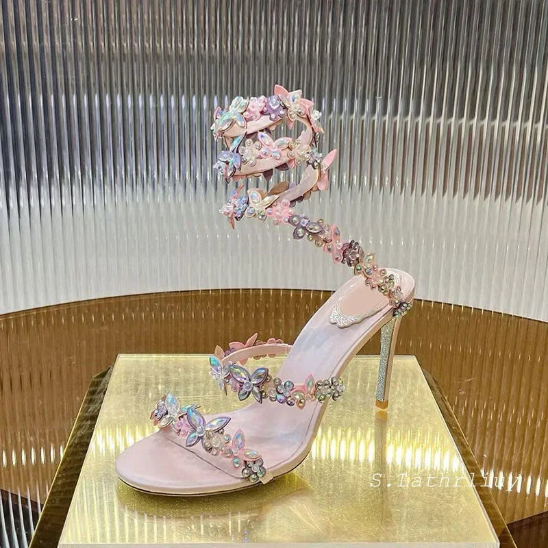 Crystal Flower Thin High-Heeled Sandals